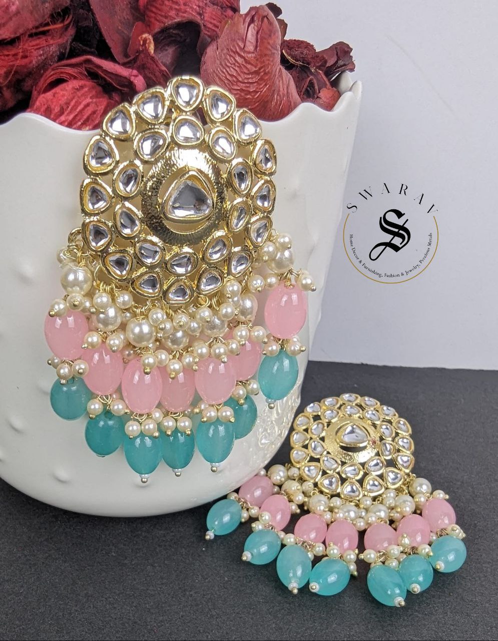 Kundan and Glass Beads Earrings - Pink & Aqua Blue.