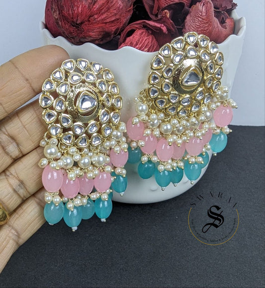 Kundan and Glass Beads Earrings - Pink & Aqua Blue.