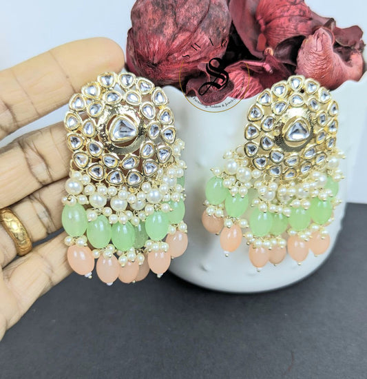 Kundan and Glass Beads Earrings -Mint & Peach.