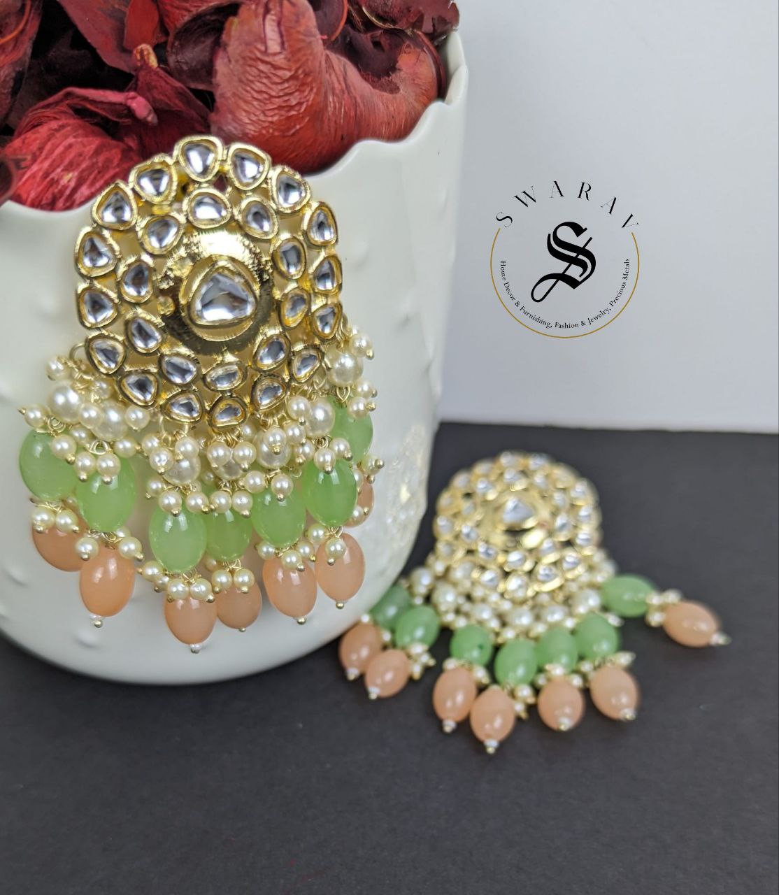 Kundan and Glass Beads Earrings -Mint & Peach.