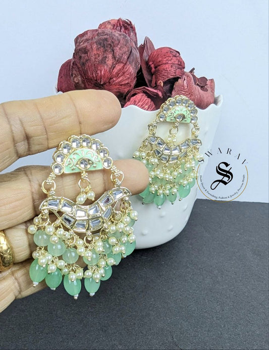 Kundan and Glass Beads Earrings - Mint Green.