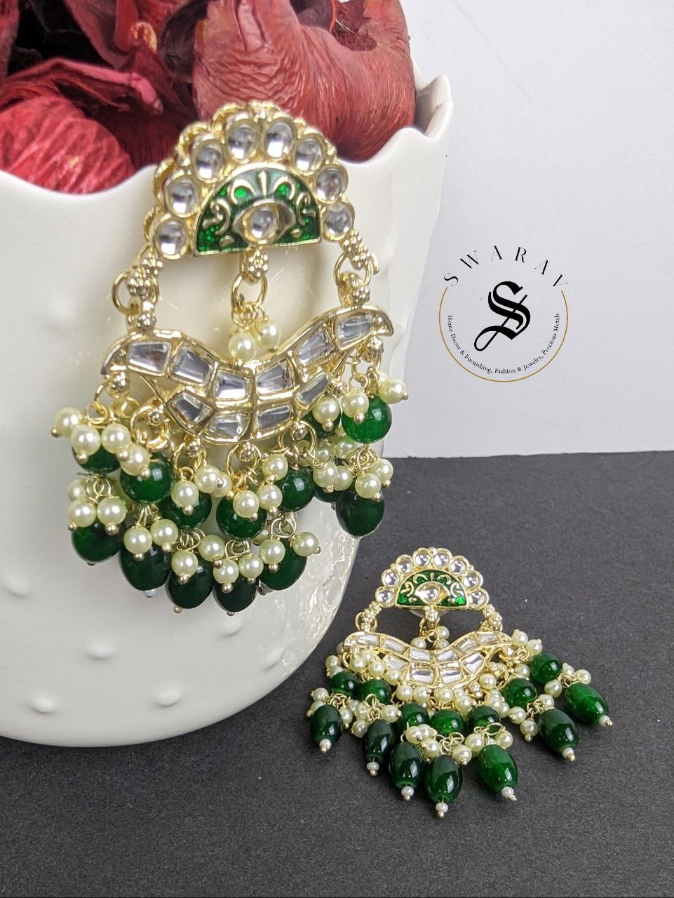 Kundan and Glass Beads Earrings - Green