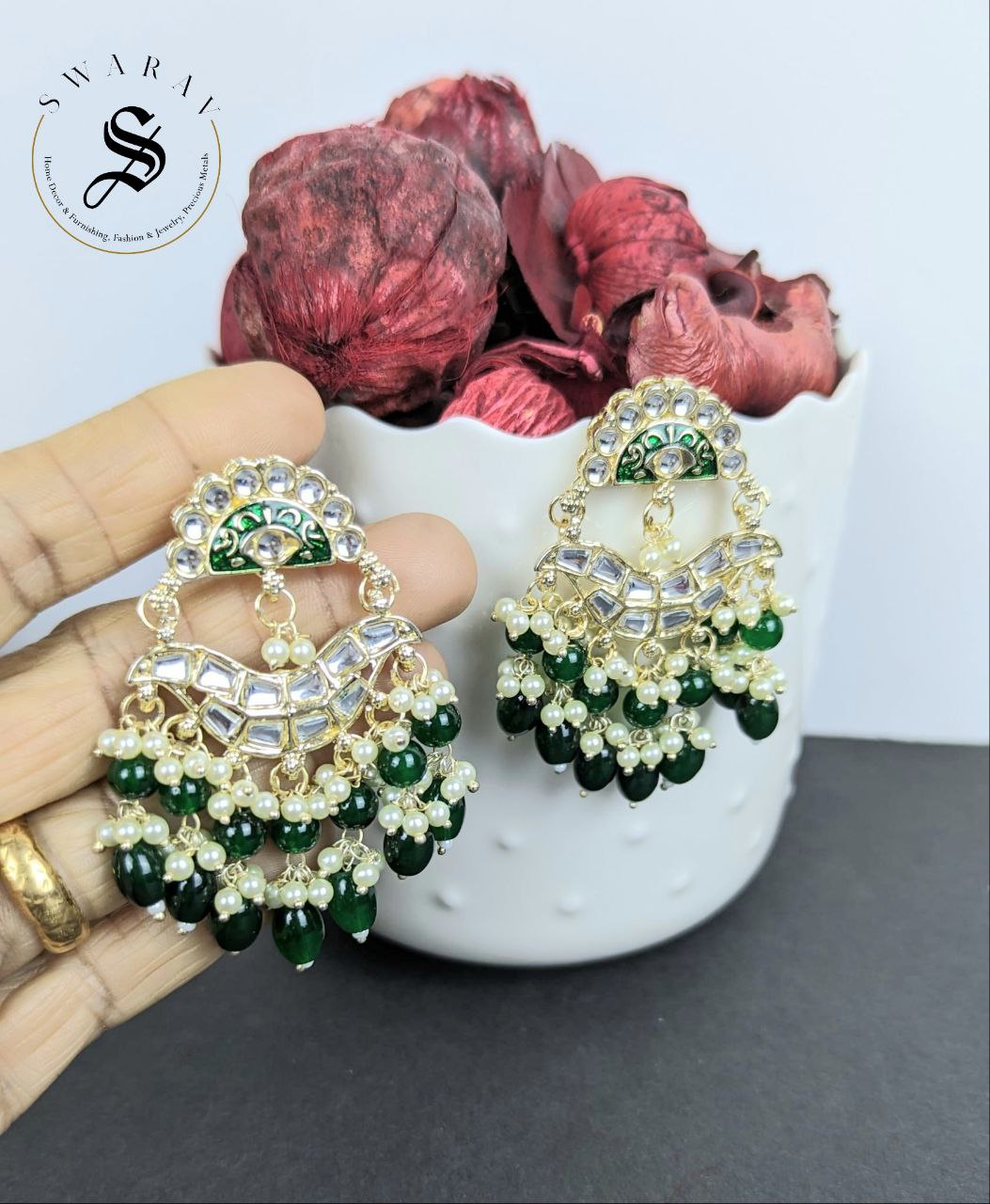 Kundan and Glass Beads Earrings - Green