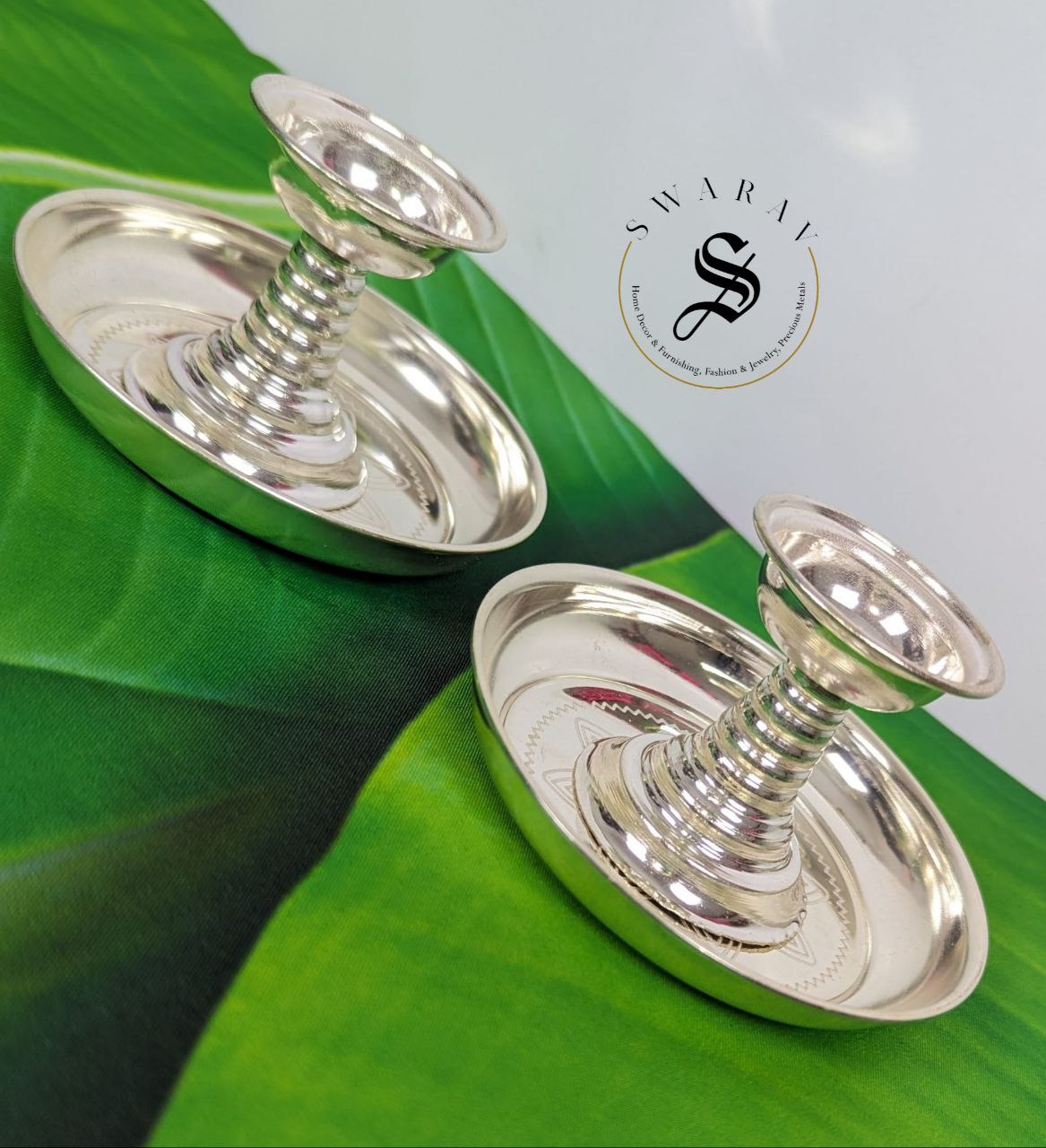 German Silver Pillar Diya with Plate : Set of 4 pcs / 2 pairs