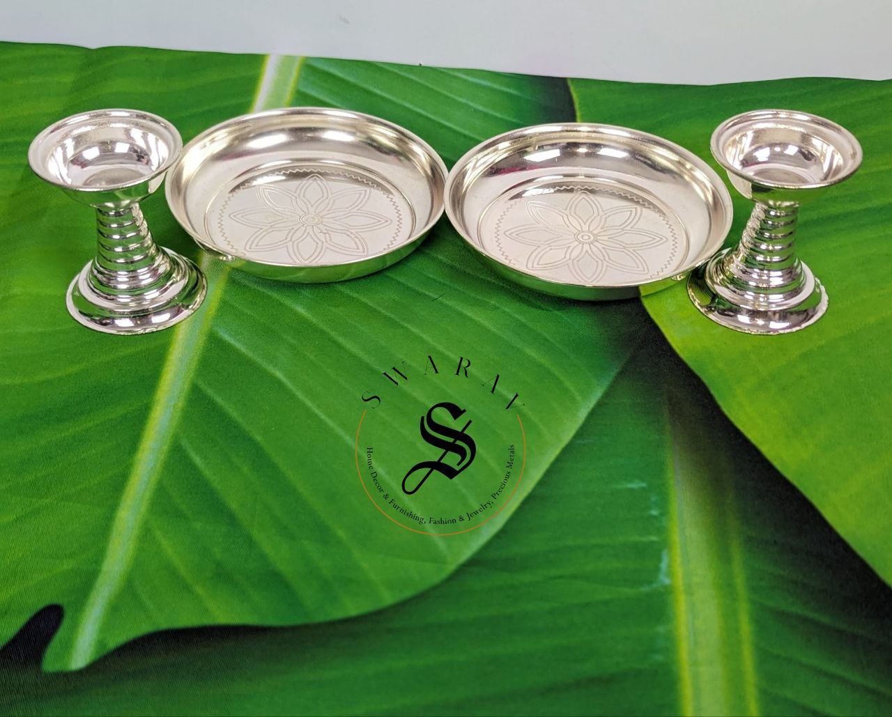 German Silver Pillar Diya with Plate : Set of 4 pcs / 2 pairs