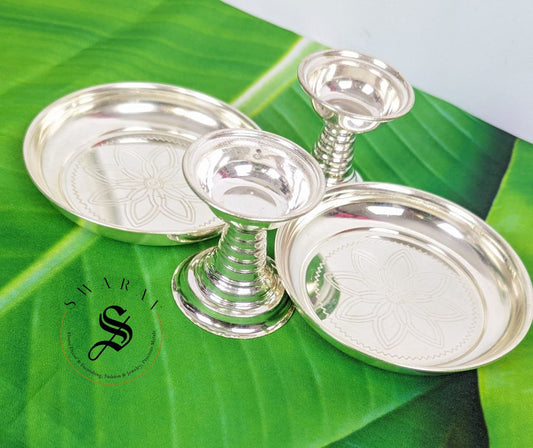 German Silver Pillar Diya with Plate : Set of 4 pcs / 2 pairs