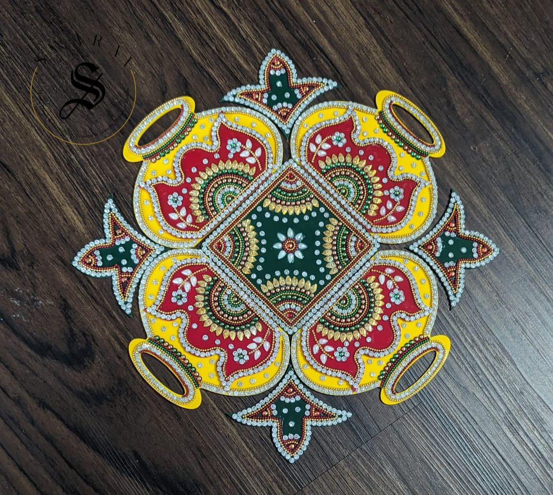 9 Piece Pitcher/Matka/Kalash replica Acrylic Rangoli. 12 inch Formation. Multi color.