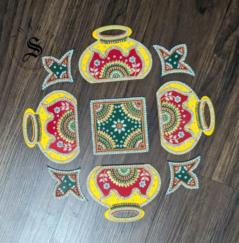 9 Piece Pitcher/Matka/Kalash replica Acrylic Rangoli. 12 inch Formation. Multi color.