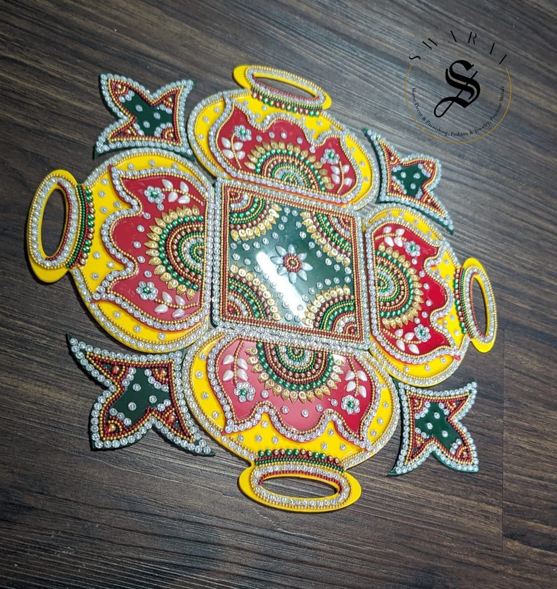 9 Piece Pitcher/Matka/Kalash replica Acrylic Rangoli. 12 inch Formation. Multi color.