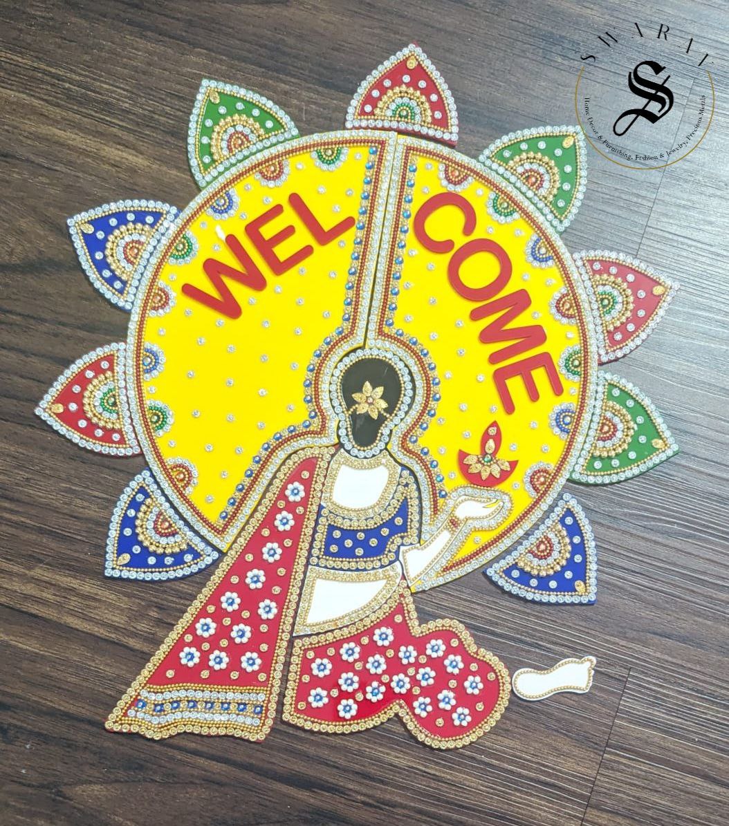 Welcome Lady - 19 piece Acrylic Rangoli Set. 13 by 15 inch.