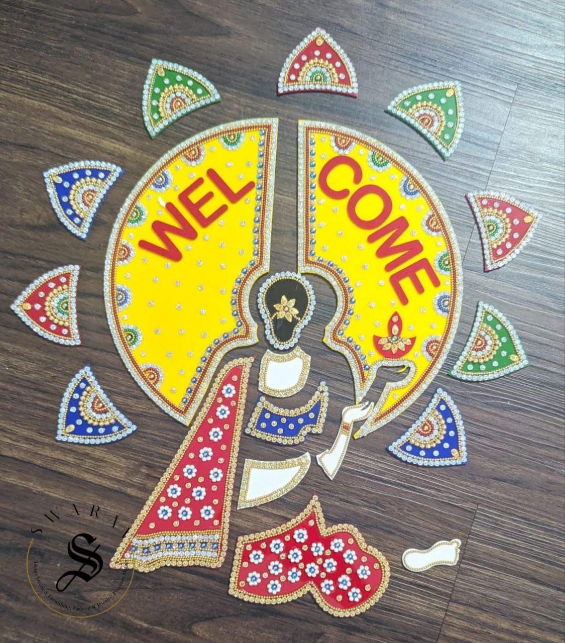 Welcome Lady - 19 piece Acrylic Rangoli Set. 13 by 15 inch.