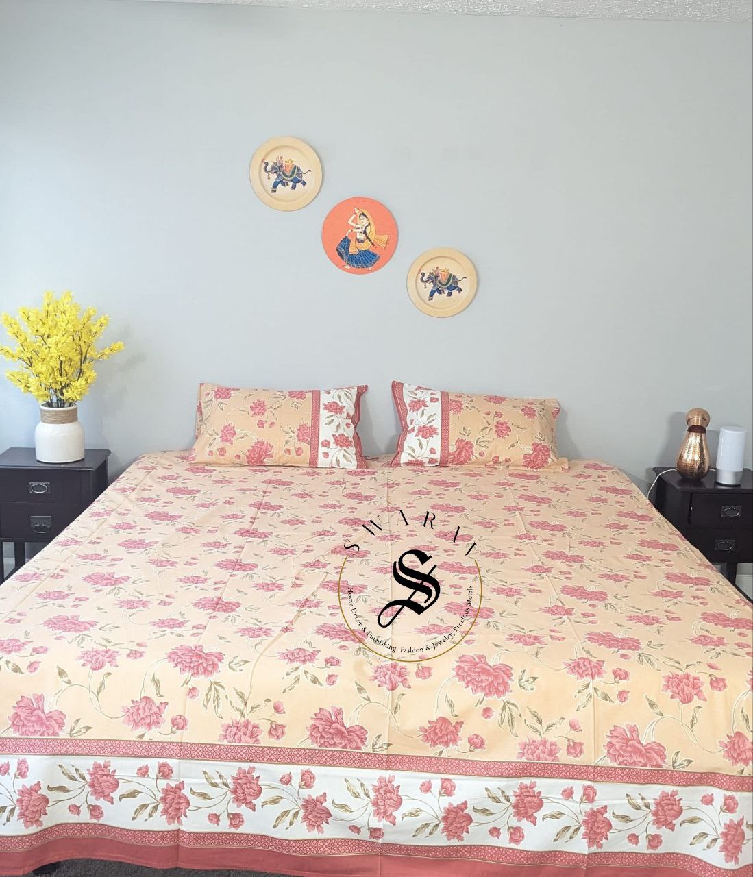 Jaipur Pure Cotton Jumbo King Size Bedsheet Set - 108 by 108 inch. Peach Floral.