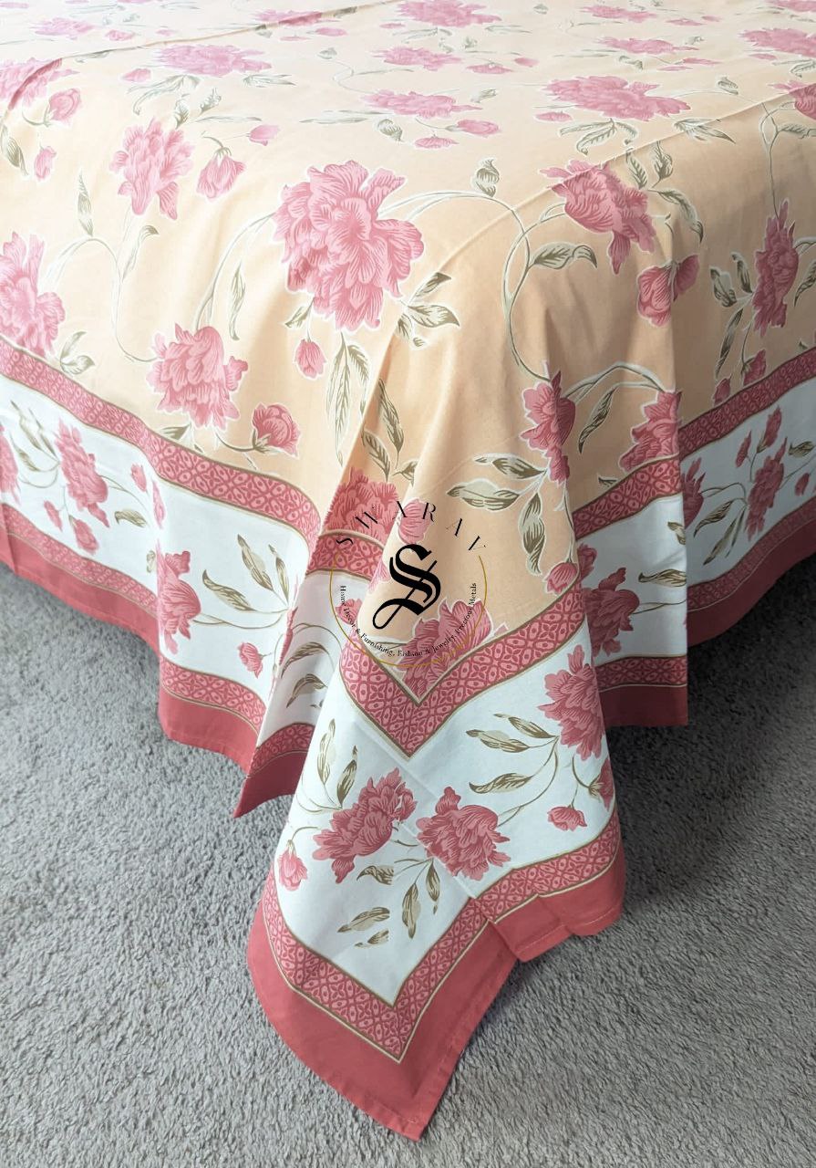 Jaipur Pure Cotton Jumbo King Size Bedsheet Set - 108 by 108 inch. Peach Floral.