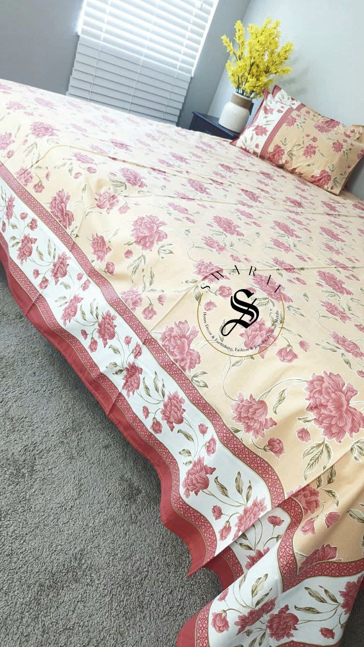 Jaipur Pure Cotton Jumbo King Size Bedsheet Set - 108 by 108 inch. Peach Floral.