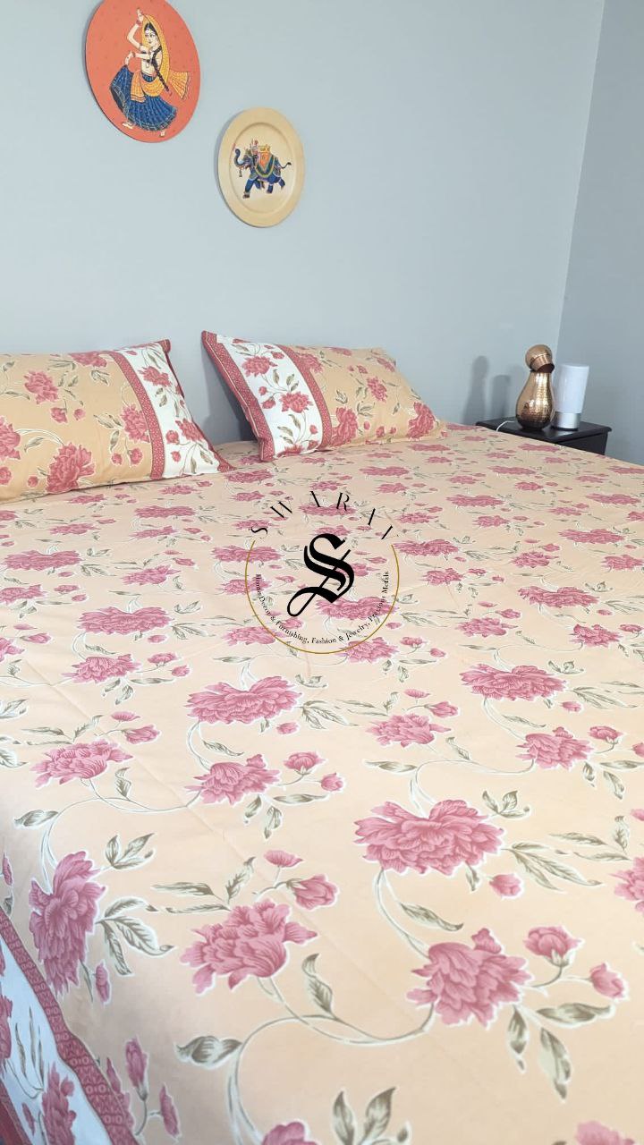 Jaipur Pure Cotton Jumbo King Size Bedsheet Set - 108 by 108 inch. Peach Floral.