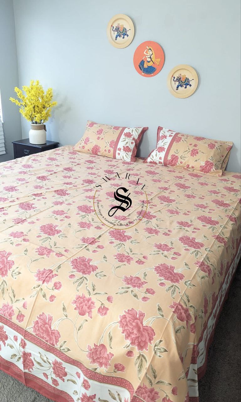 Jaipur Pure Cotton Jumbo King Size Bedsheet Set - 108 by 108 inch. Peach Floral.