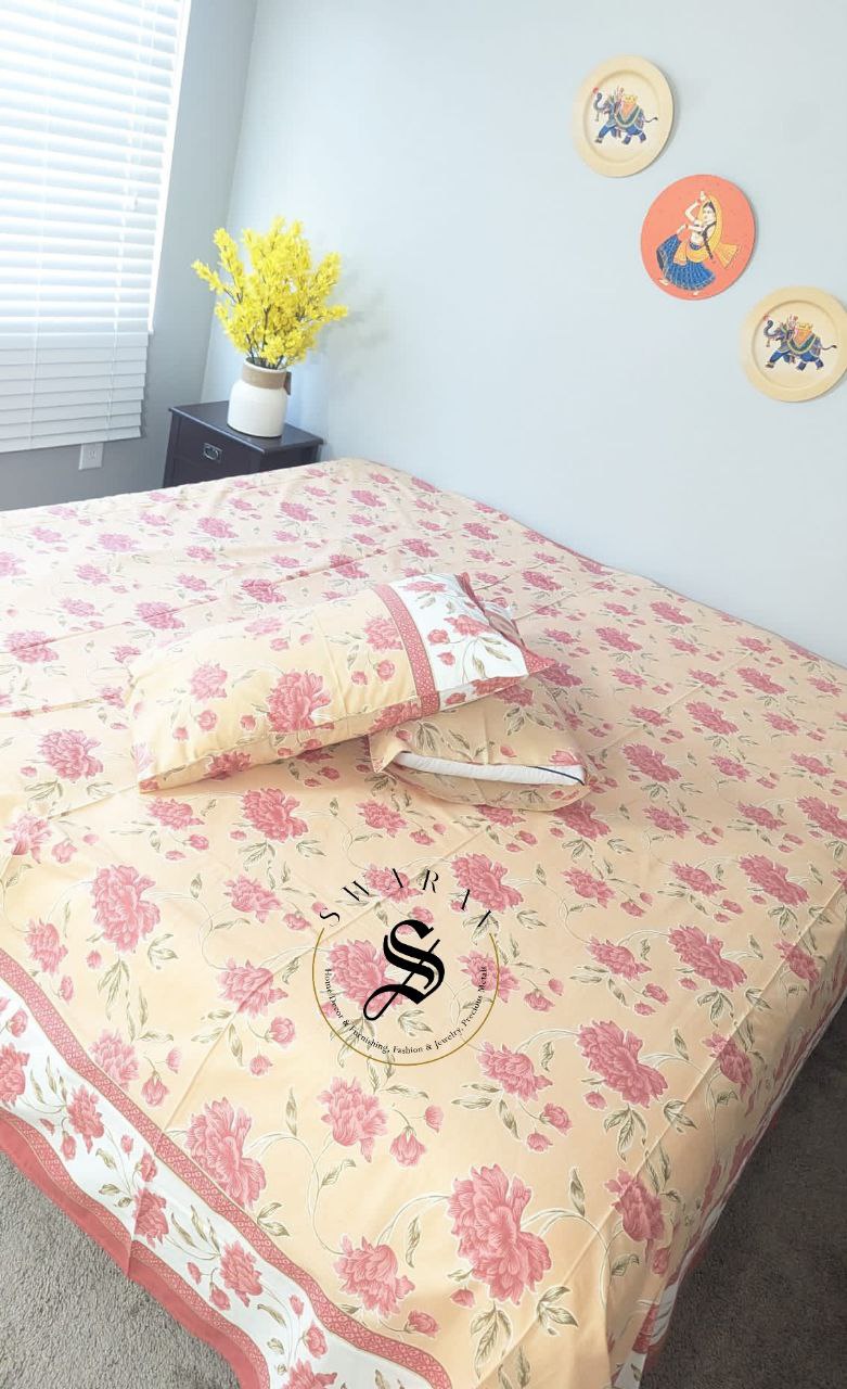 Jaipur Pure Cotton Jumbo King Size Bedsheet Set - 108 by 108 inch. Peach Floral.