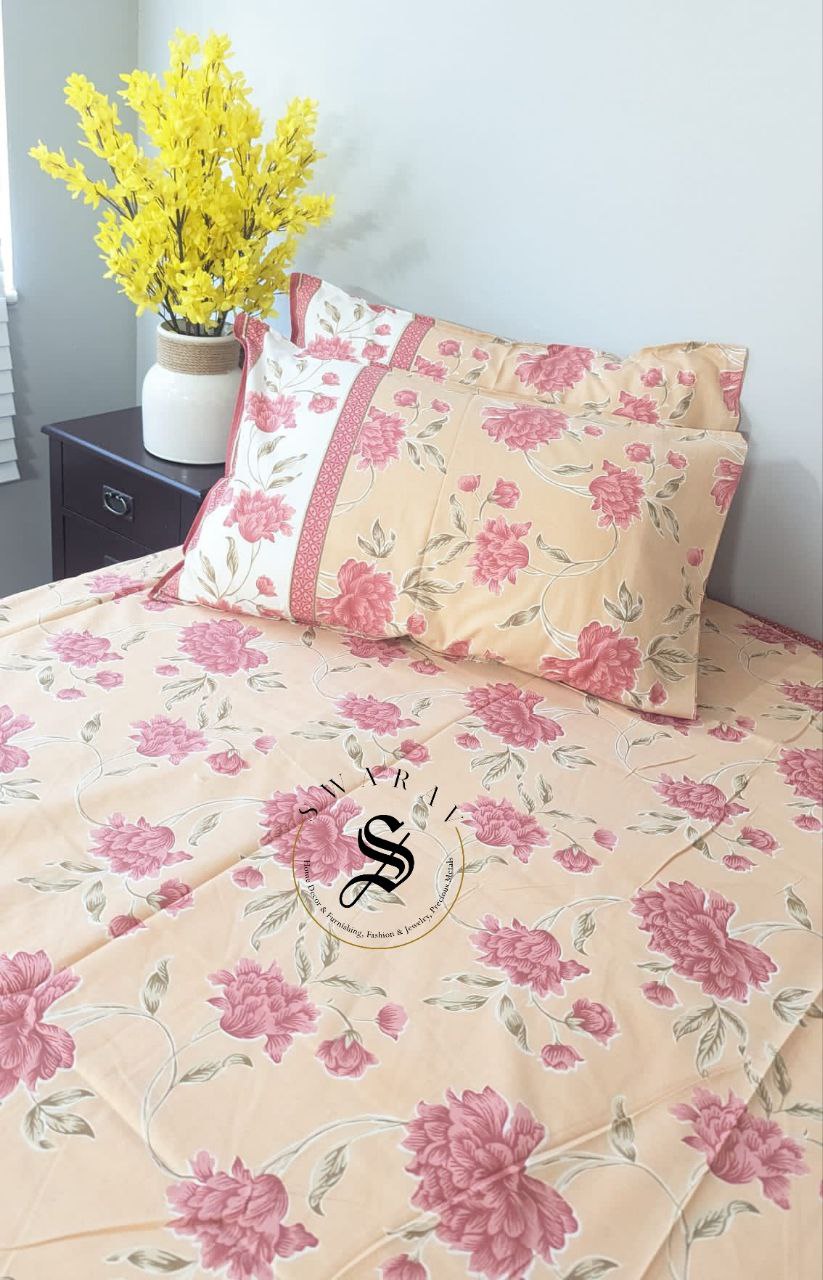 Jaipur Pure Cotton Jumbo King Size Bedsheet Set - 108 by 108 inch. Peach Floral.