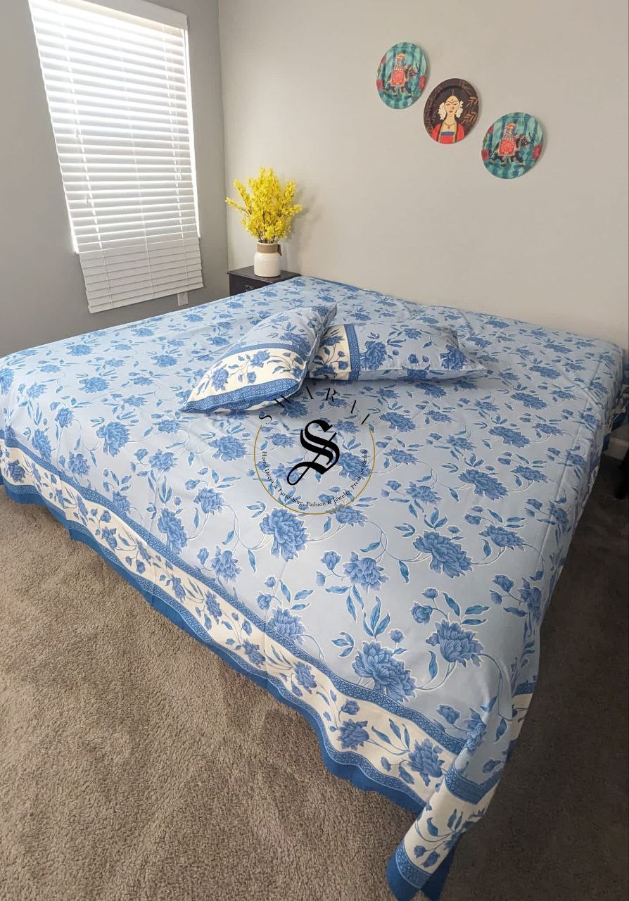 Jaipur Pure Cotton Jumbo King Size Bedsheet Set - 108 by 108 inch. Floral print on Ocean Blue.