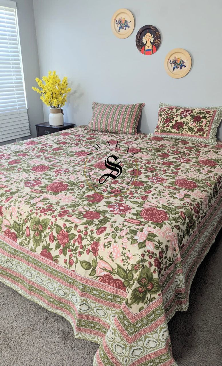 Jaipur Pure Cotton Jumbo King Size Bedsheet Set - 108 by 108 inch. Floral print on peach base.