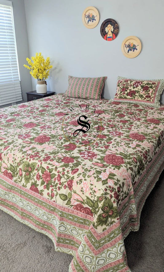 Jaipur Pure Cotton Jumbo King Size Bedsheet Set - 108 by 108 inch. Floral print on peach base.