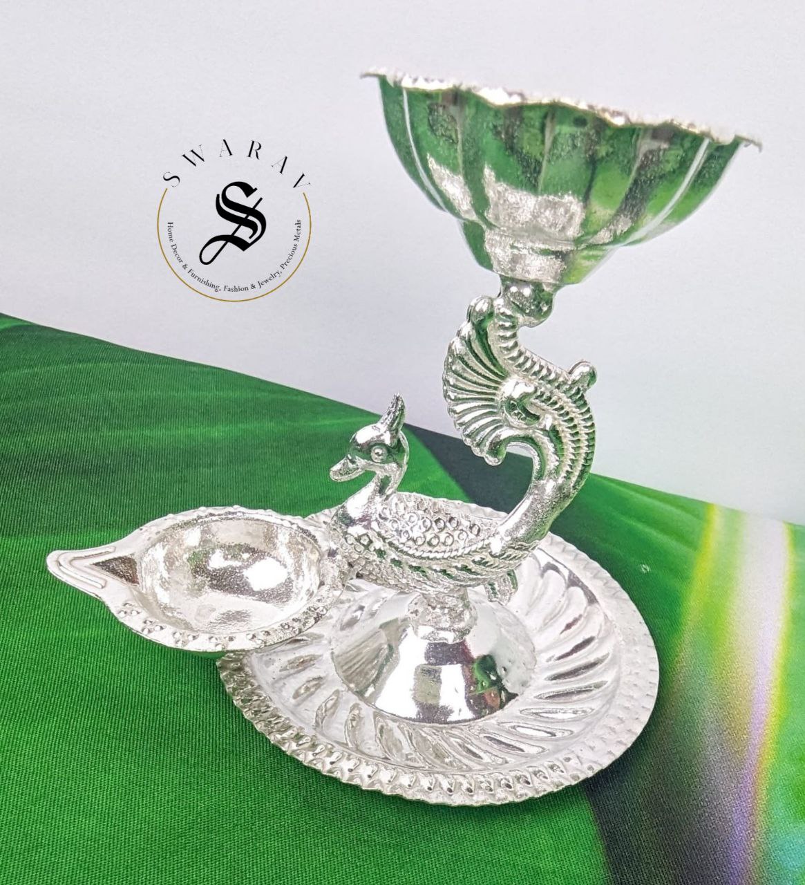 German silver Peacock Twin Diya or oil lamp. ( Pack of 5 ) Size : 4 inchces