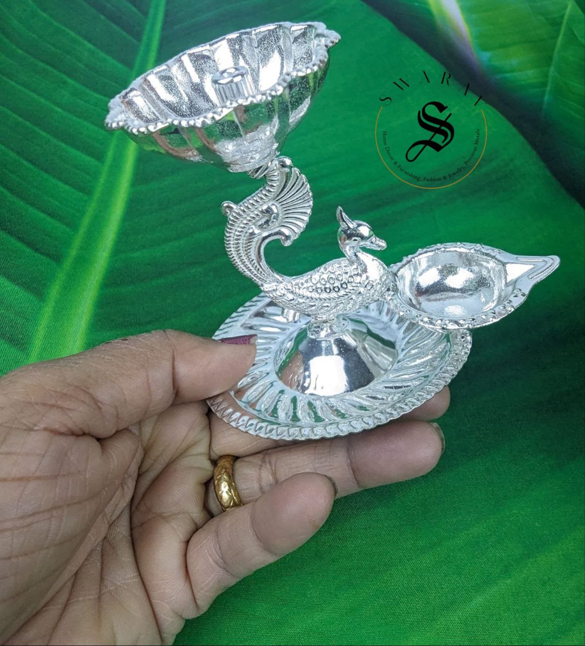 German silver Peacock Twin Diya or oil lamp. ( Pack of 5 ) Size : 4 inchces