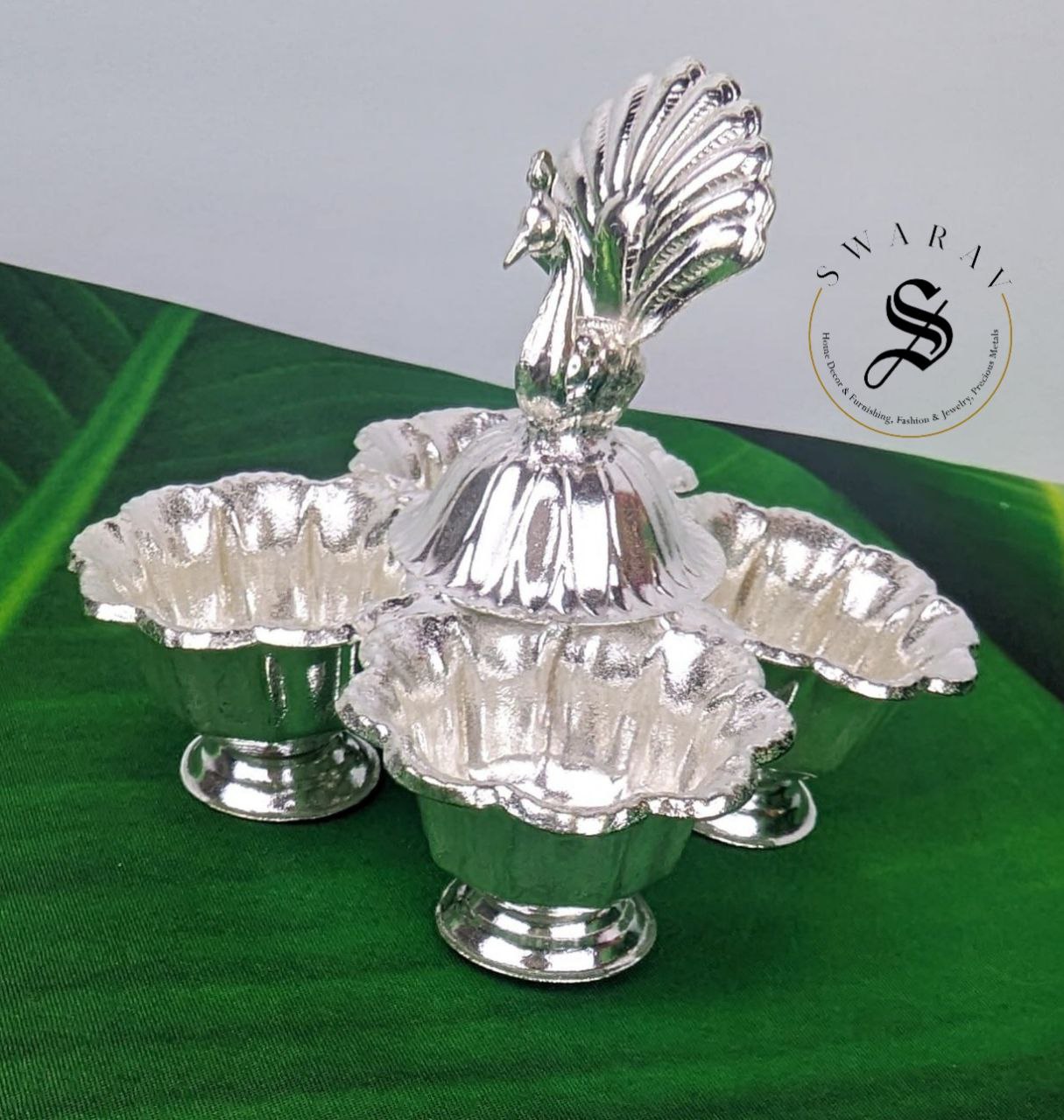 German silver 4 cup peacock handle Panchwala. ( Pack of 5.) Size 4 inches.