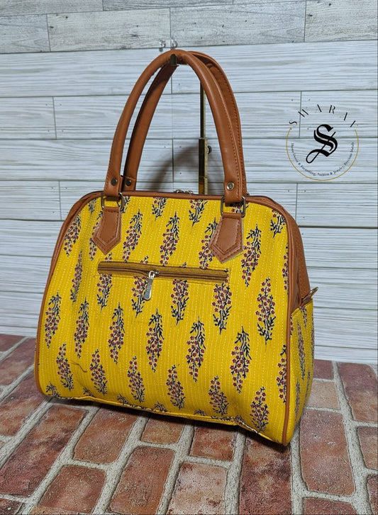 Women's Jaipur Block print Fabric classic Big Tote Bag - Yellow