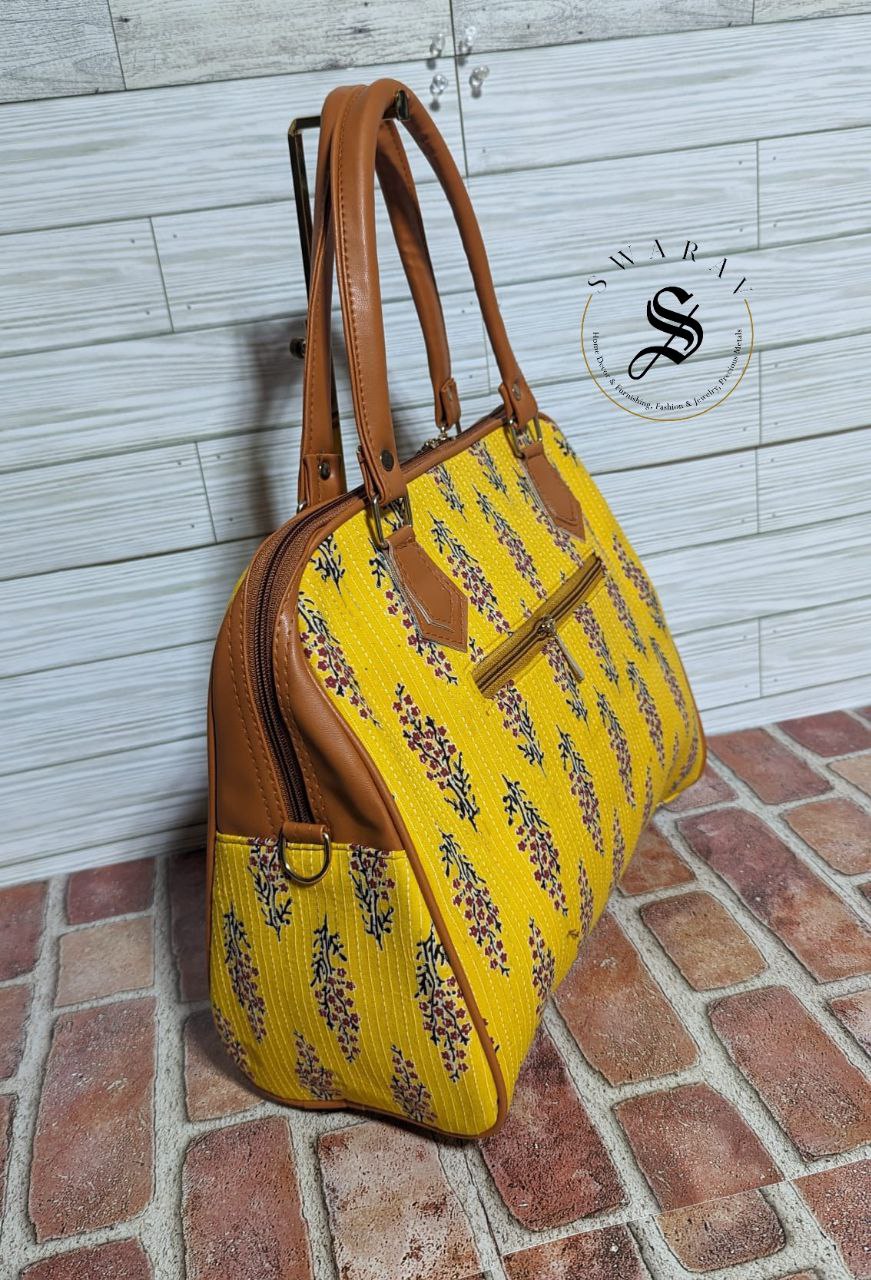 Women's Jaipur Block print Fabric classic Big Tote Bag - Yellow