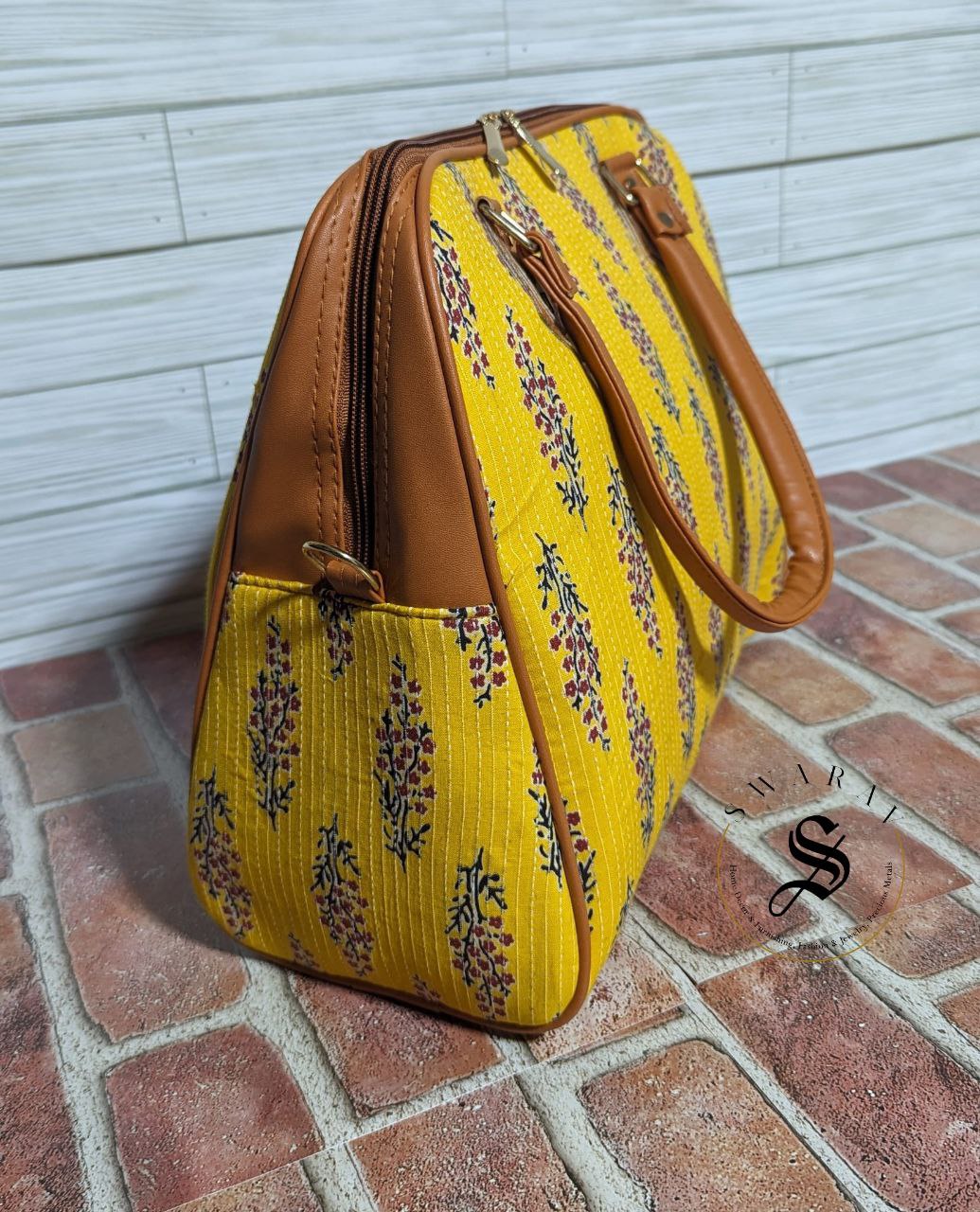 Women's Jaipur Block print Fabric classic Big Tote Bag - Yellow