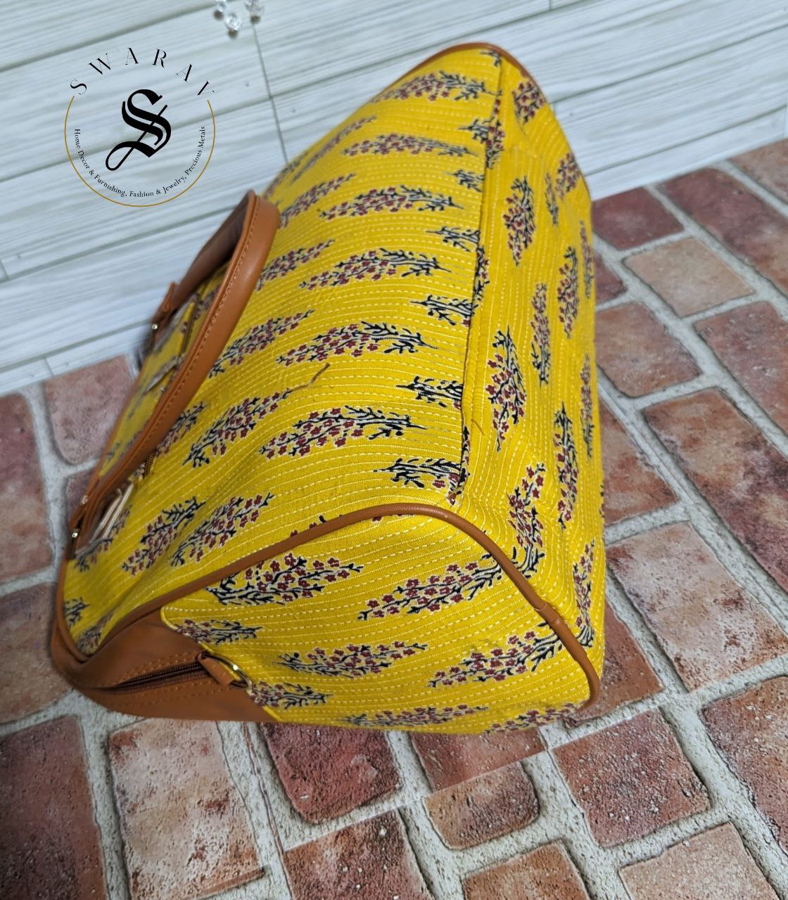 Women's Jaipur Block print Fabric classic Big Tote Bag - Yellow