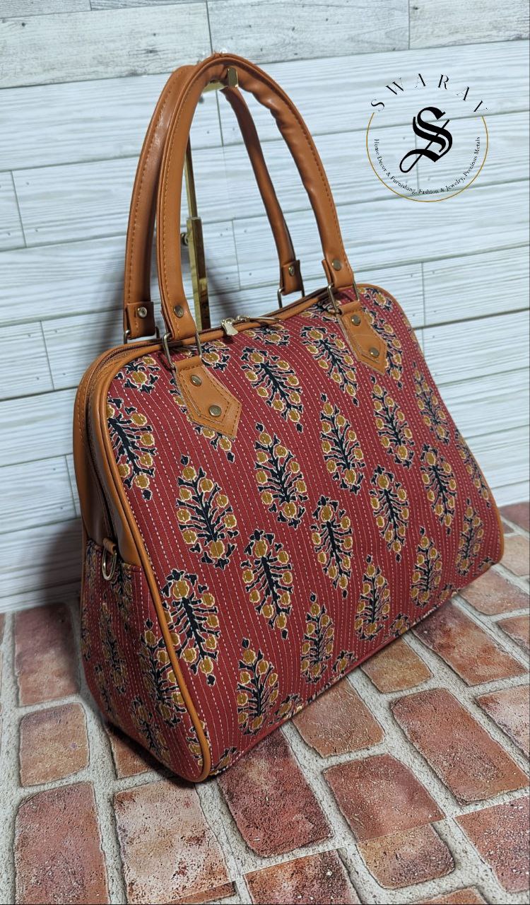 Women's Jaipur Block print Fabric classic Big Tote Bag - Brick Red