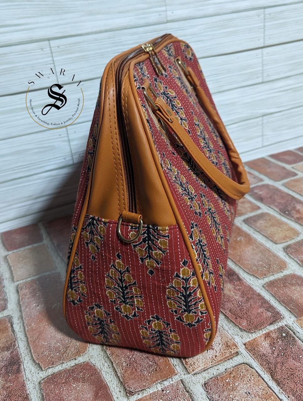 Women's Jaipur Block print Fabric classic Big Tote Bag - Brick Red