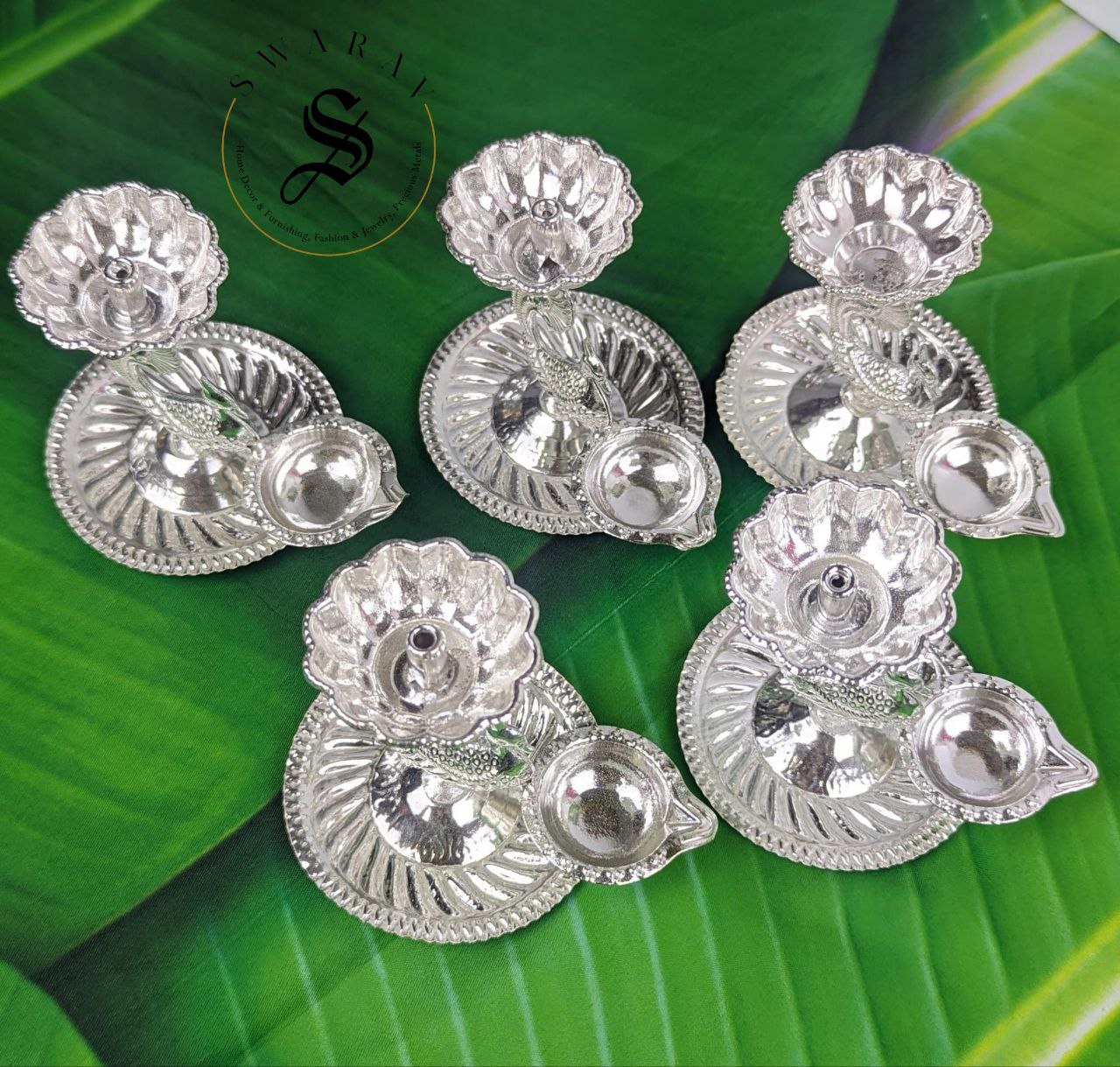 German silver Peacock Twin Diya or oil lamp. ( Pack of 5 ) Size : 4 inchces