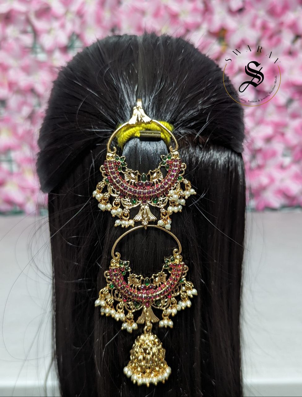 Women's Double hoop Jada Billa with side ear chains or Champa savaralu. Set of 3 pcs. Size / Length - 7 inches.