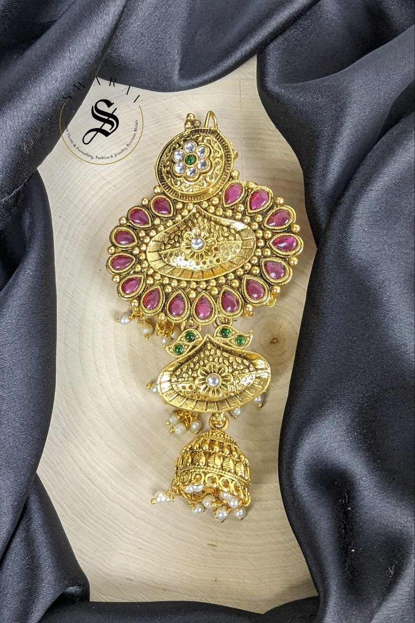 Women's Floral carved stone studded Jada Billa with side ear chains or Champa savaralu. Set of 3 pcs. Size / Length - 6 inches.approx