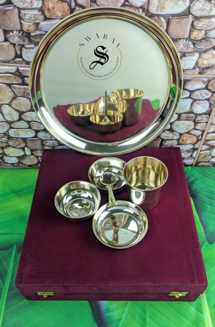 Set of 6 - Bronze / Kansa / Kanchu Dinner Set with FREE GIFT Box. Set weight - 1500 grams. ( Does not include Gift box weight )