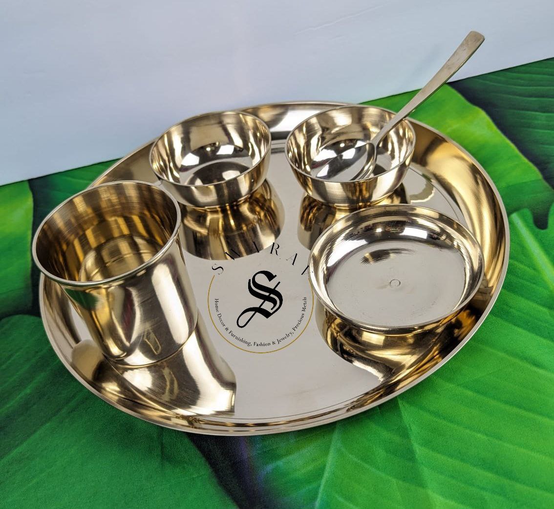 Set of 6 - Bronze / Kansa / Kanchu Dinner Set with FREE GIFT Box. Set weight - 1500 grams. ( Does not include Gift box weight )