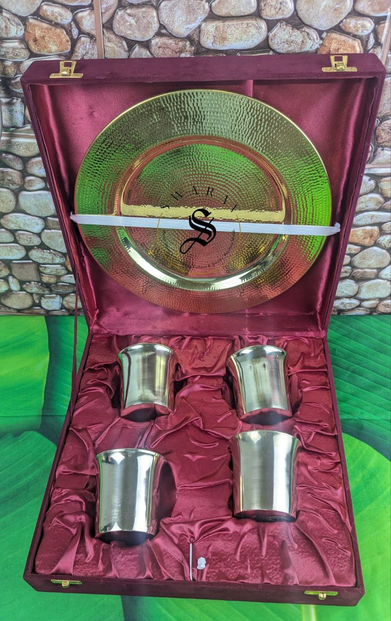 Set of 5 - 4 Bronze/ Kansa / Kanchu Glasses and 1 Hand Hammered Brass Serving Tray with FREE GIFT BOX. Set weight without gift box - 1100 grams. ( Does not include Gift box weight )