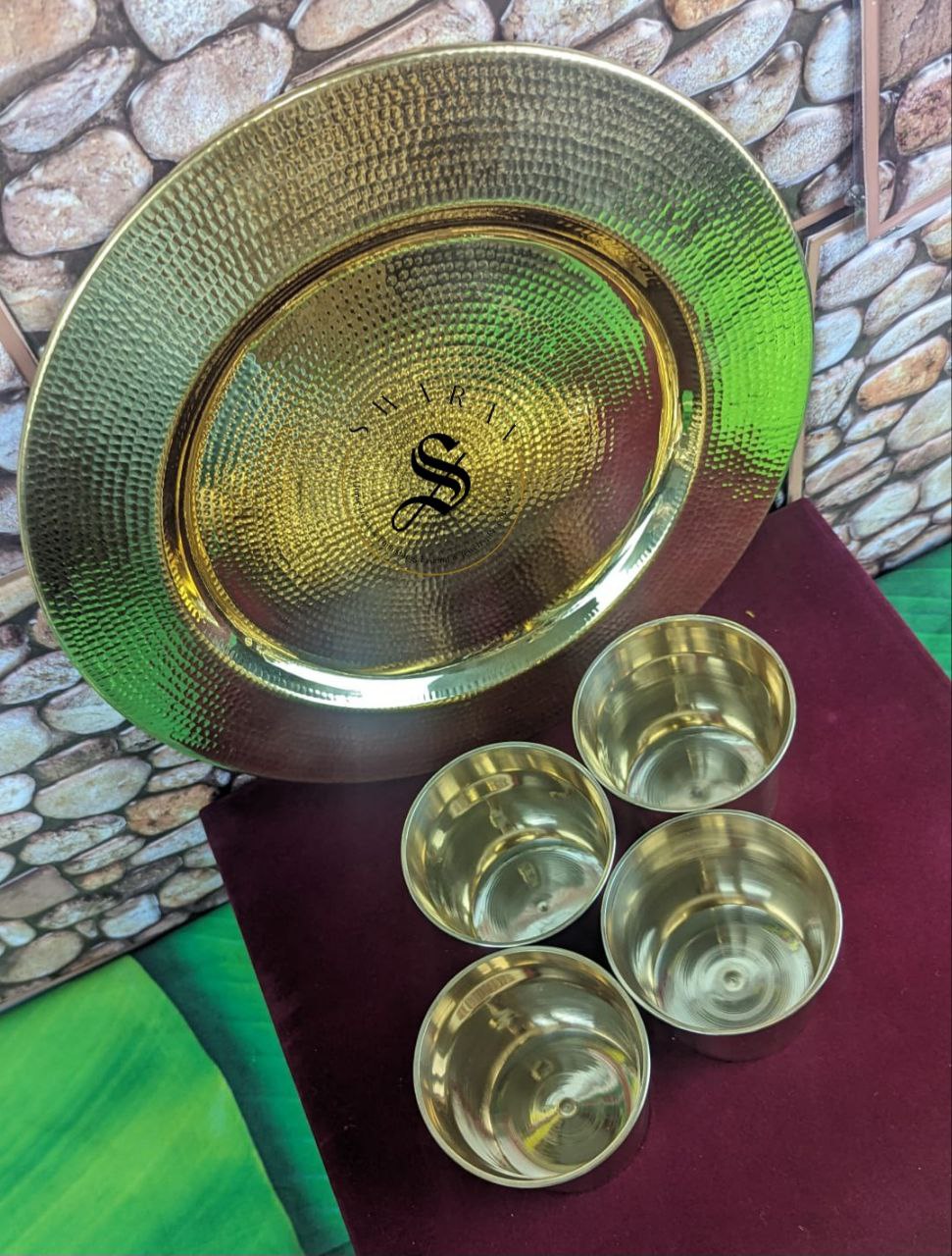 Set of 5 - 4 Bronze/ Kansa / Kanchu Glasses and 1 Hand Hammered Brass Serving Tray with FREE GIFT BOX. Set weight without gift box - 1100 grams. ( Does not include Gift box weight )