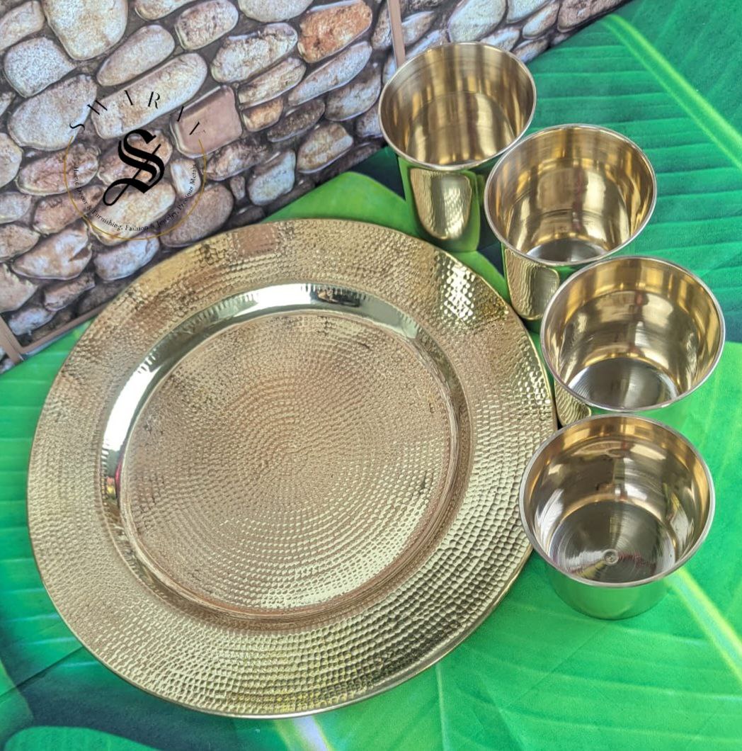 Set of 5 - 4 Bronze/ Kansa / Kanchu Glasses and 1 Hand Hammered Brass Serving Tray with FREE GIFT BOX. Set weight without gift box - 1100 grams. ( Does not include Gift box weight )