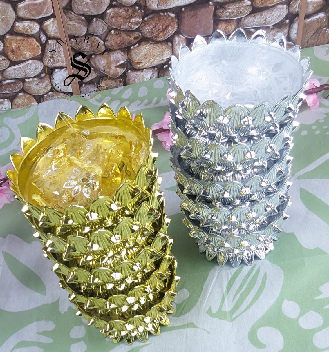 Pack of 10 - Metal Lotus Basket with attached draw string Net Potli. Full size : 7 inches. @ $ 3 Each.