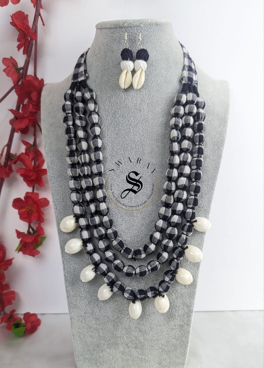 Hand made Fabric ball 3 layer Haar/ long necklace in black and white check print with matching earrings with sea shells - Design Code - D6