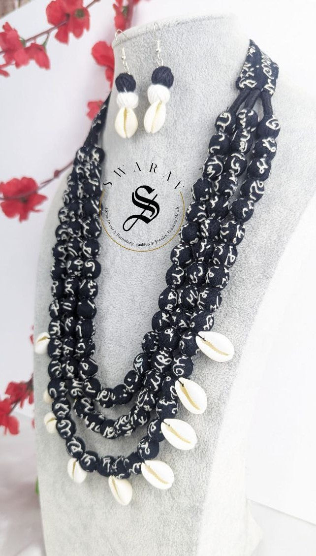 Hand made script print Fabric ball 3 layer Haar/ long necklace in black and white print with matching earrings with sea shells - Design Code - D5