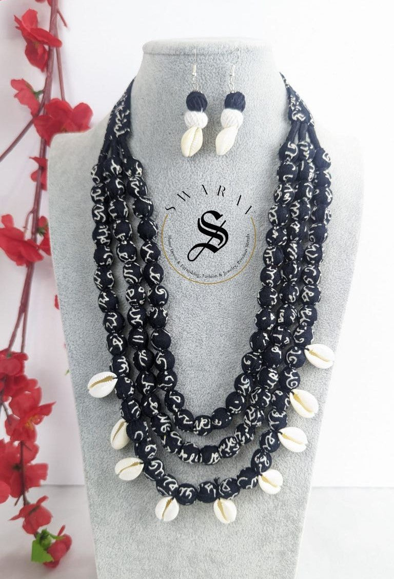 Hand made script print Fabric ball 3 layer Haar/ long necklace in black and white print with matching earrings with sea shells - Design Code - D5