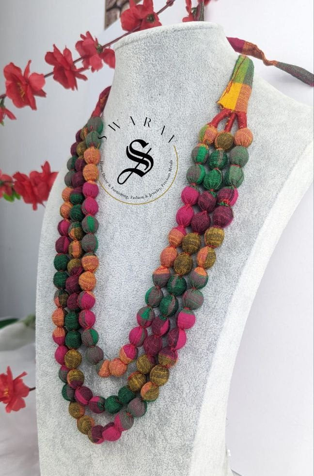 Hand made Fabric ball 3 layer Haar/ long necklace - Multi color - Design Code - D2