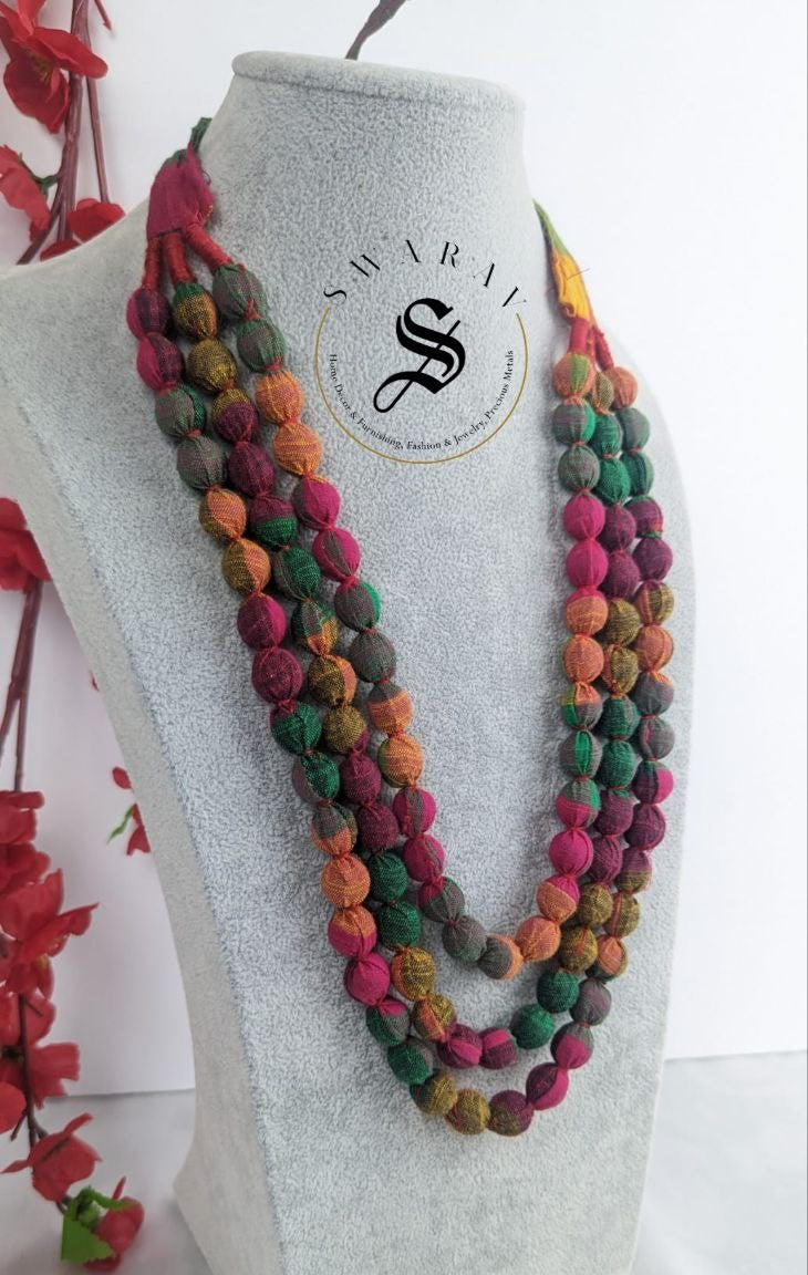 Hand made Fabric ball 3 layer Haar/ long necklace - Multi color - Design Code - D2