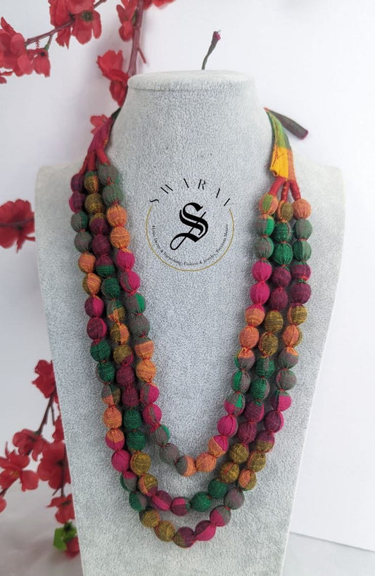 Hand made Fabric ball 3 layer Haar/ long necklace - Multi color - Design Code - D2