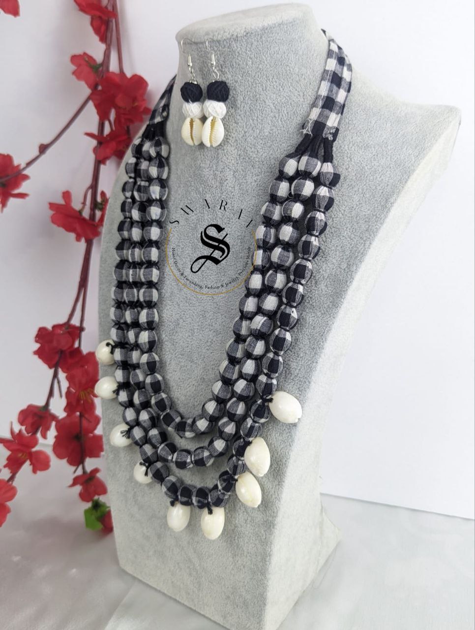 Hand made Fabric ball 3 layer Haar/ long necklace in black and white check print with matching earrings with sea shells - Design Code - D6